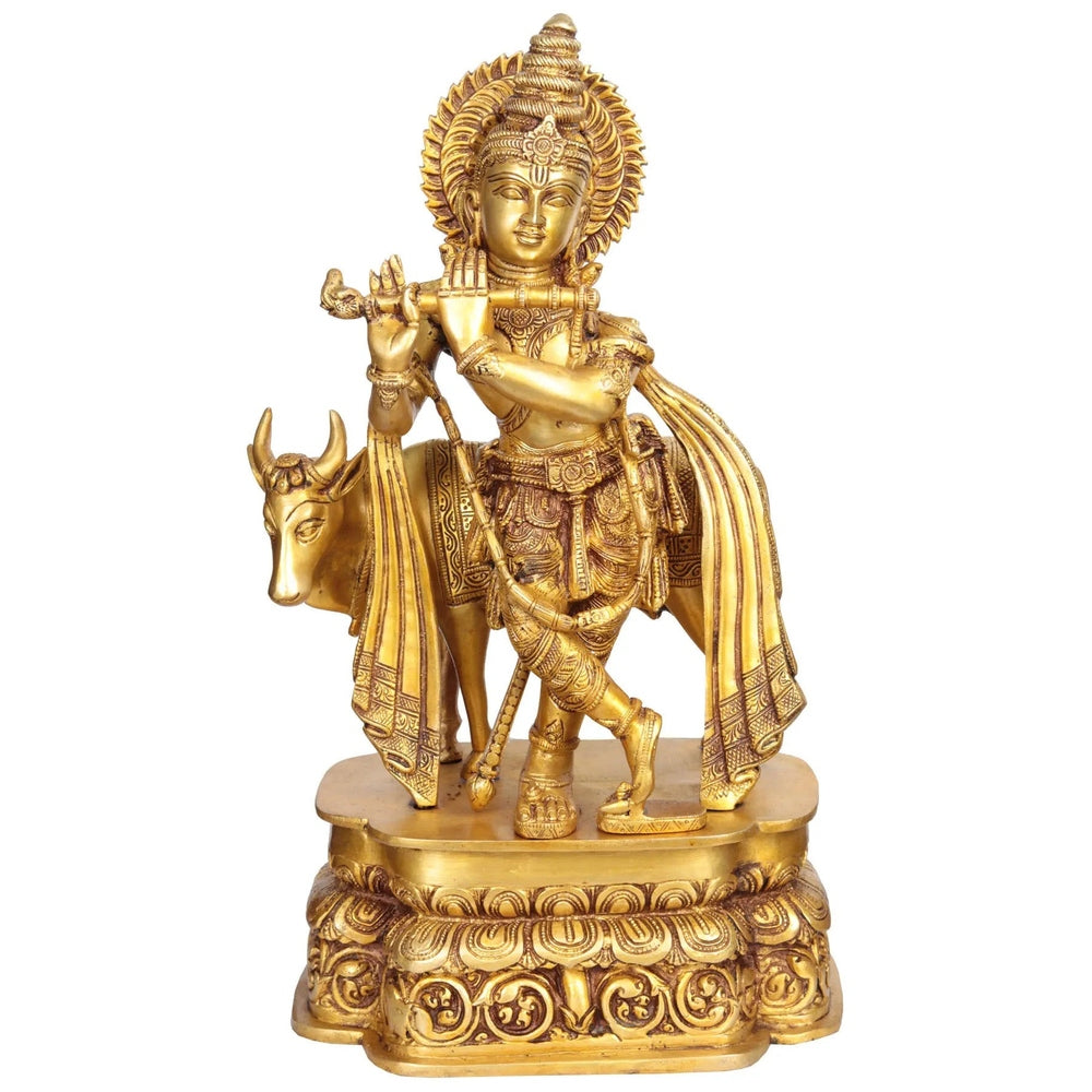Handmade Brass Sculpture of Krishna, the Handsome Youth 19 Inches