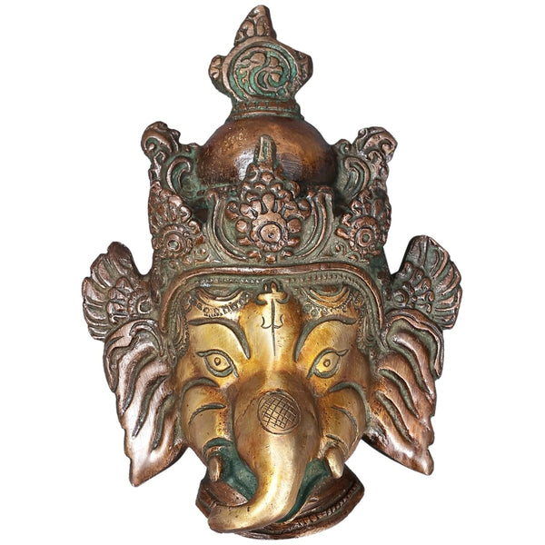 Handmade small brass wall hanging mask of Lord Ganesha 4 inches Mandir Setting