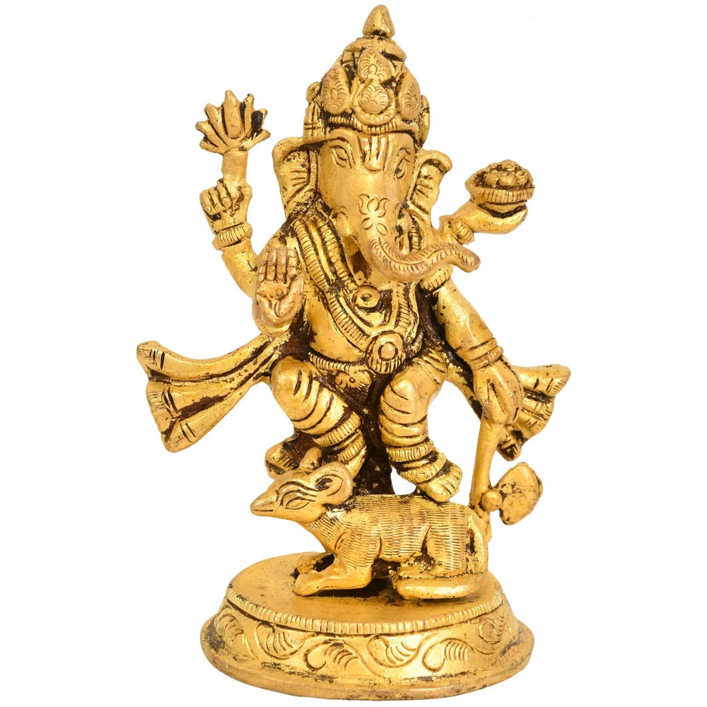 Brass statue of Lord Ganesha standing on a rat