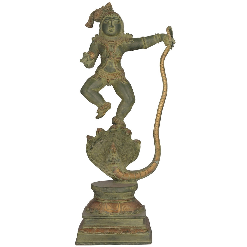 Patina Gold Brass Statue Depicting Lord Krishna Vanquishing Kaliya 18 Inches