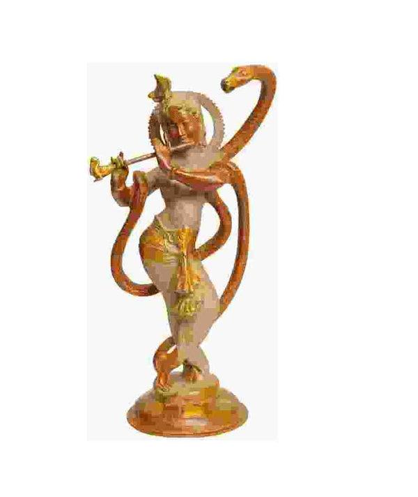 Handcrafted Cemented brown Brass Sculpture of Lord Krishna and Kaliya 15 inches Mandir Setting