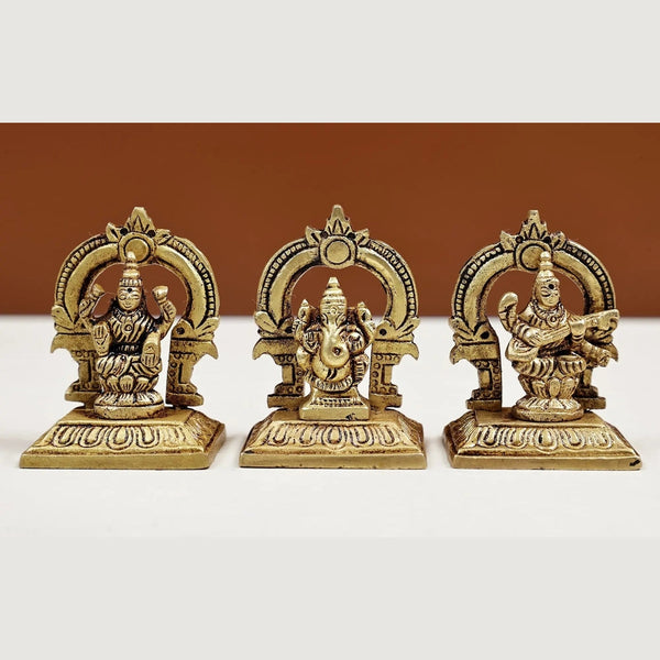 Brass Set of three small statues of Ganesha, Lakshmi, and Saraswati (Height: 2 inches) Mandir Setting