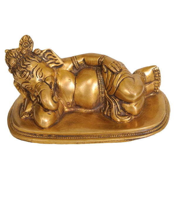 Handmade Natural Brass Statue of Relaxing Ganesha 6 inches Mandir Setting