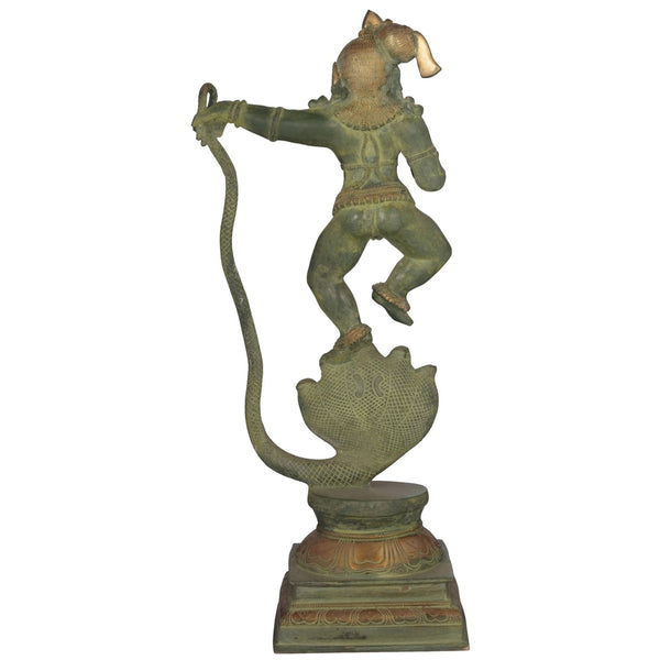 Patina Gold Brass Statue Depicting Lord Krishna Vanquishing Kaliya 18 Inches Entryway Setting