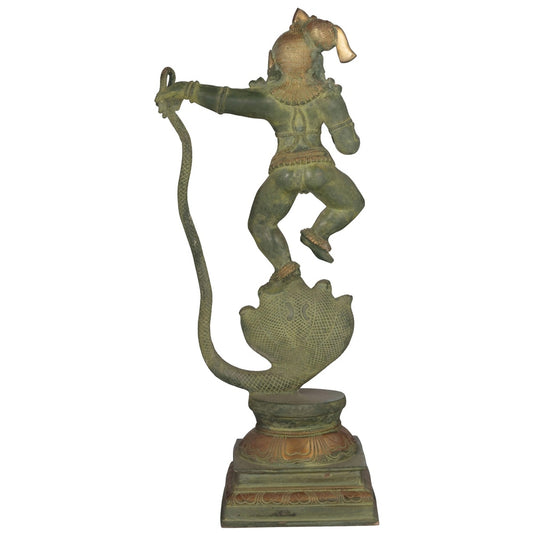 Patina Gold Brass Statue Depicting Lord Krishna Vanquishing Kaliya 18 Inches