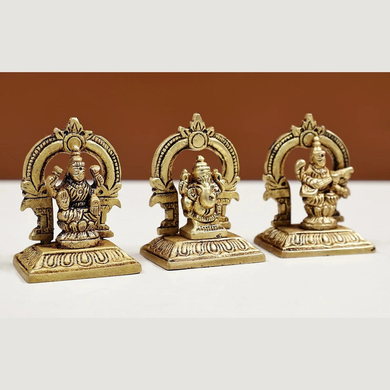 Brass Set of three small statues of Ganesha, Lakshmi, and Saraswati (Height: 2 inches)