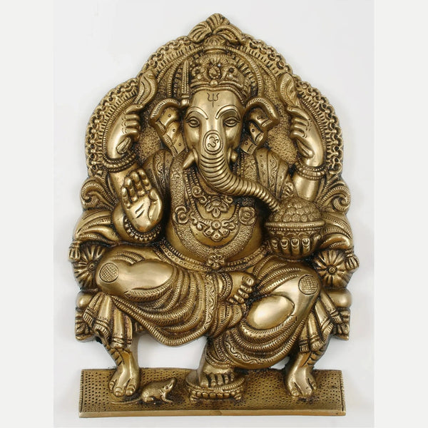 Natural Brass Idol of Lord Ganesha Seated on a Throne, Bestowing Blessings 11 inches Mandir Setting
