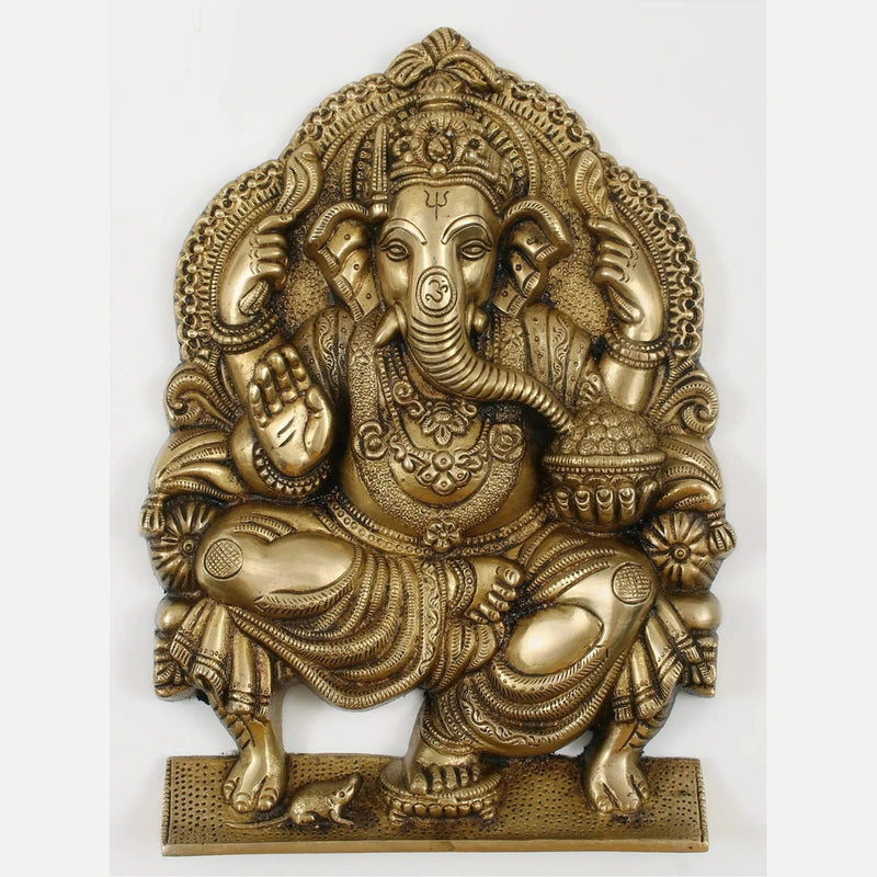 Natural Brass Idol of Lord Ganesha Seated on a Throne, Bestowing Blessings 11 inches