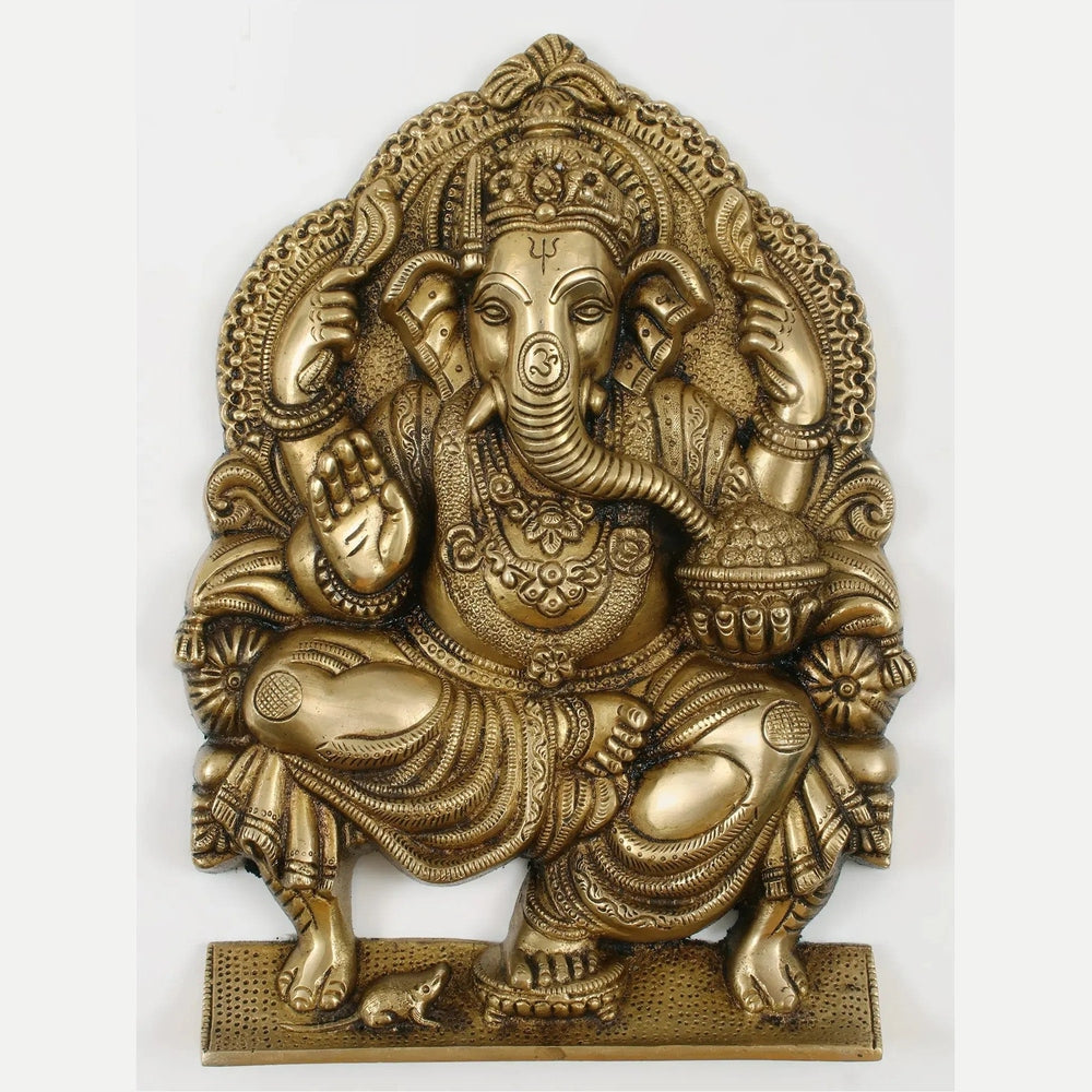 Natural Brass Idol of Lord Ganesha Seated on a Throne, Bestowing Blessings 11 inches