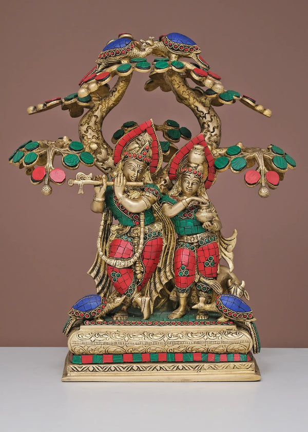 Brass Sculpture of Radha Krishna with Tree 16 Inches Mandir Setting