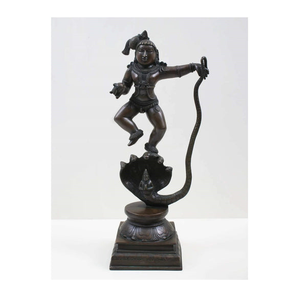 Antique Brass Statue Depicting Lord Krishna Vanquishing Kaliya 18 Inches Mandir Setting