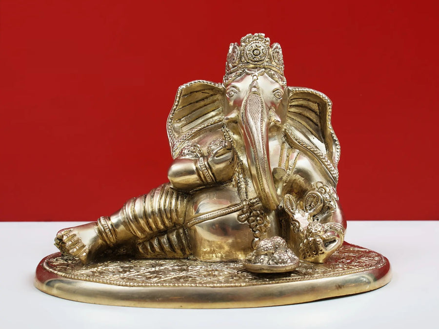 Brass Idol of Lord Ganesha Enjoying Modak 6 inches Craft Detail