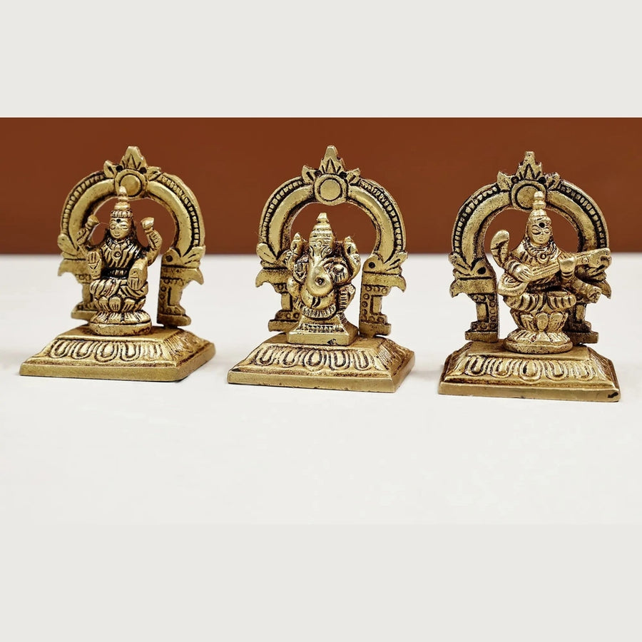 Brass Set of three small statues of Ganesha, Lakshmi, and Saraswati (Height: 2 inches) Craft Detail