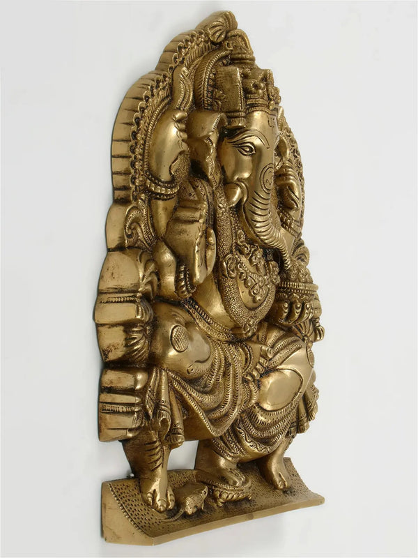 Natural Brass Idol of Lord Ganesha Seated on a Throne, Bestowing Blessings 11 inches Entryway Setting