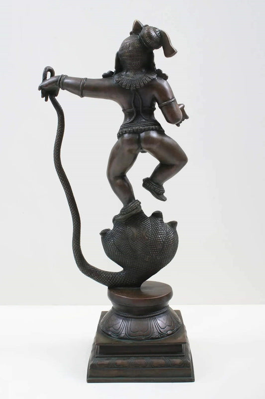 Antique Brass Statue Depicting Lord Krishna Vanquishing Kaliya 18 Inches