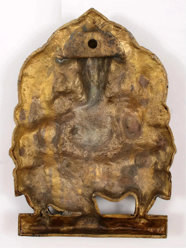 Natural Brass Idol of Lord Ganesha Seated on a Throne, Bestowing Blessings 11 inches Study Setting