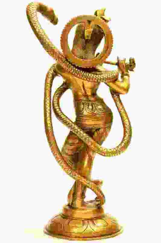 Handcrafted gold Brass Sculpture of Lord Krishna and Kaliya 15 inches