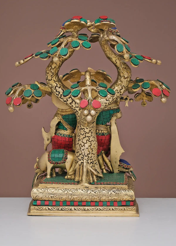 Brass Sculpture of Radha Krishna with Tree 16 Inches Study Setting