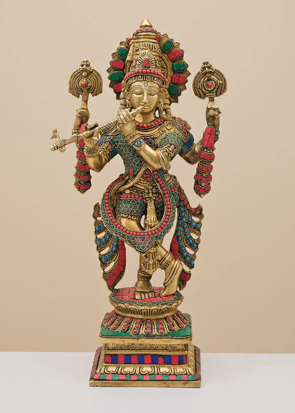 Handmade Brass Sculpture of Krishna Playing the Flute with Vaishnava Symbol 19 Inches Mandir Setting