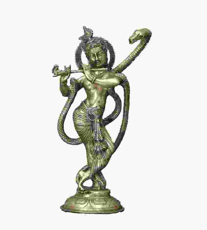 Handcrafted Polish Brass Sculpture of Lord Krishna and Kaliya 15 inches