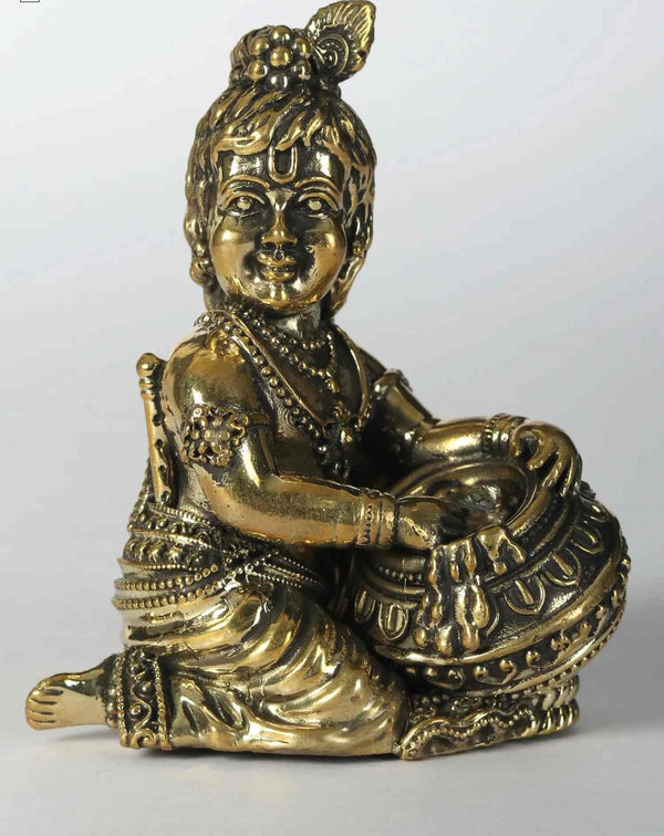 Small Brass Statue of Krishna, the Butter Thief 3 inches Mandir Setting