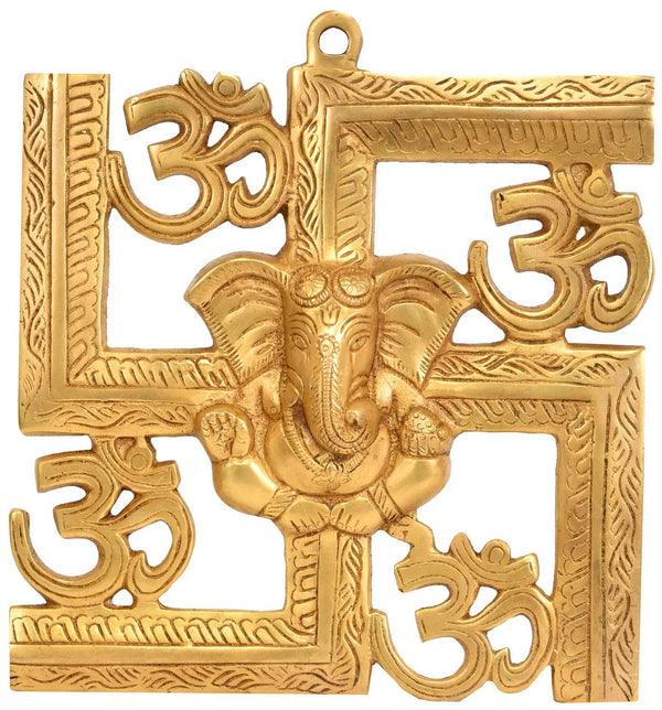 Brass wall hanging statue depicting the auspicious Om symbol with Ganesha 8 inches Mandir Setting