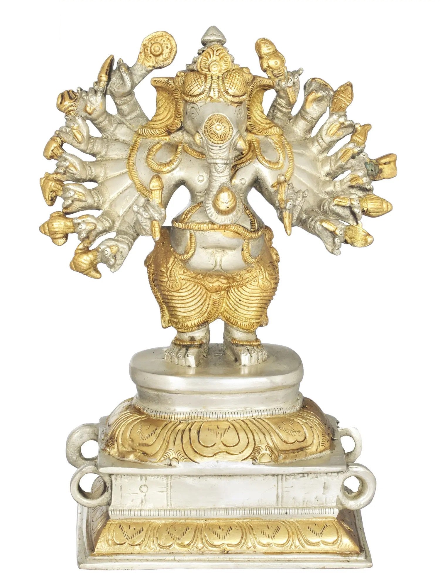 Brass Amazing silver Gold Sixteen-Armed Vira Ganesha Sculptures 8 inches
