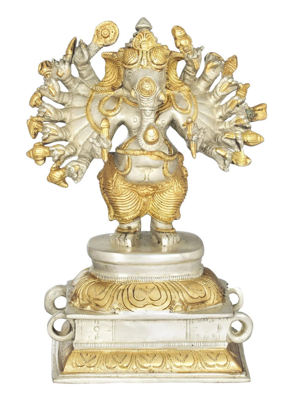 Brass Amazing silver Gold Sixteen-Armed Vira Ganesha Sculptures 8 inches Mandir Setting