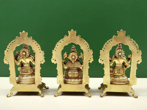 Brass trio Ganesha, Lakshmi and Saraswati statue (Height: 8 inches) Study Setting