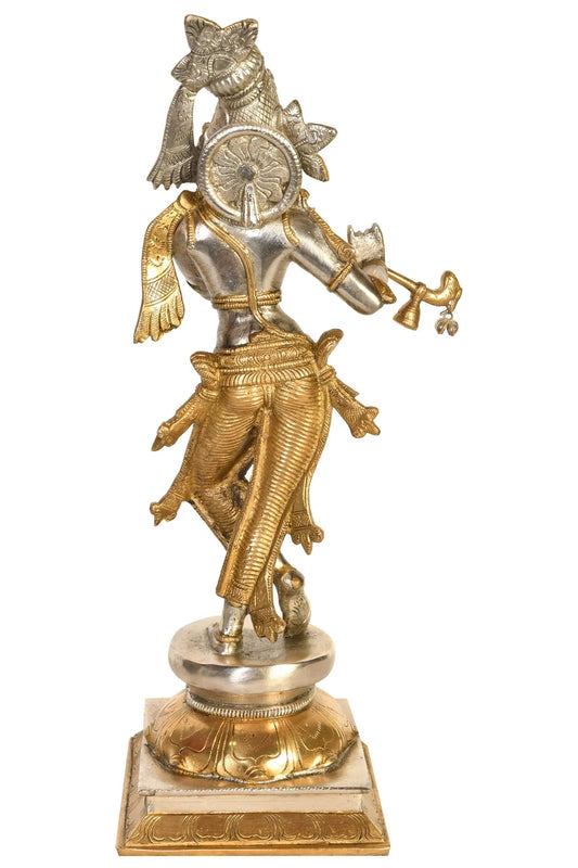 Handmade Brass Statue of Krishna Playing the Flute 14 inches