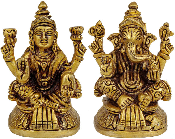 Brass Shri Ganeshaji and Goddess Lakshmi Statue 3 inches Mandir Setting
