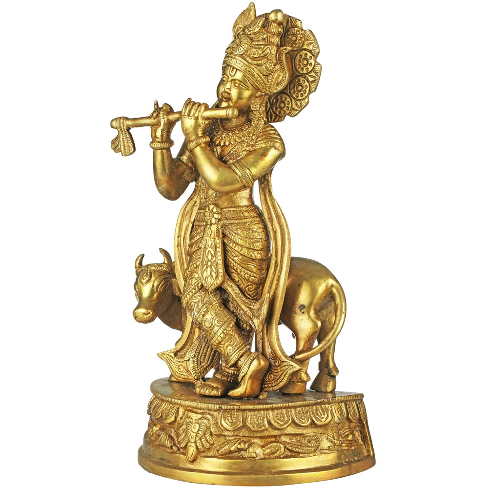 Handmade Brass Statue of Venugopala (Fluting Krishna with His Cow) 12 inches