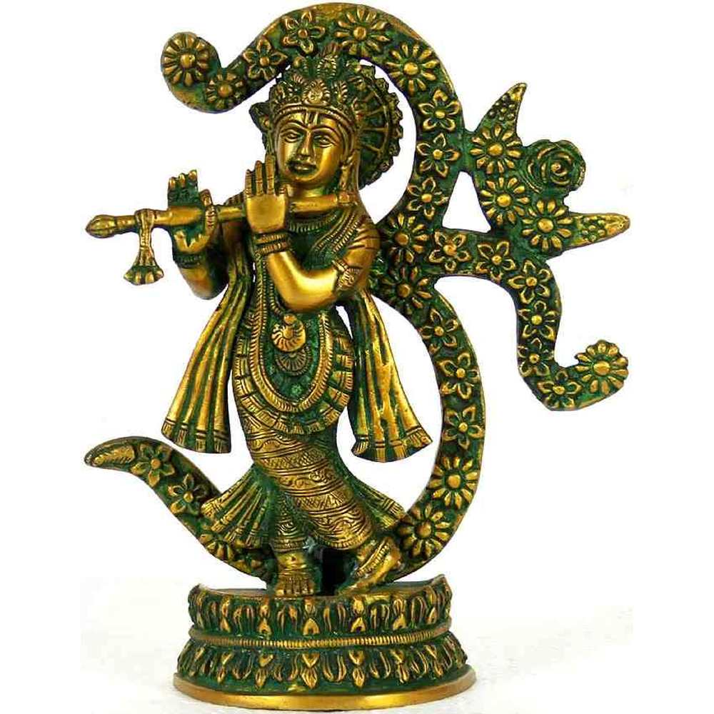 Greenish Gold Handmade Brass Statue of Krishna Playing the Flute Against an Om Backdrop 8 Inches
