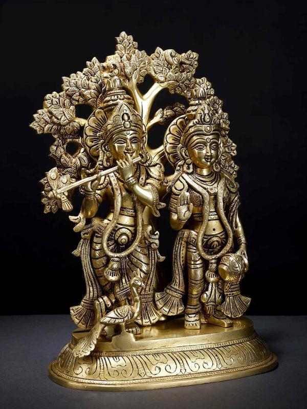 Brass Statue of Standing Radha and Krishna Under the Tree 13 Inches Entryway Setting