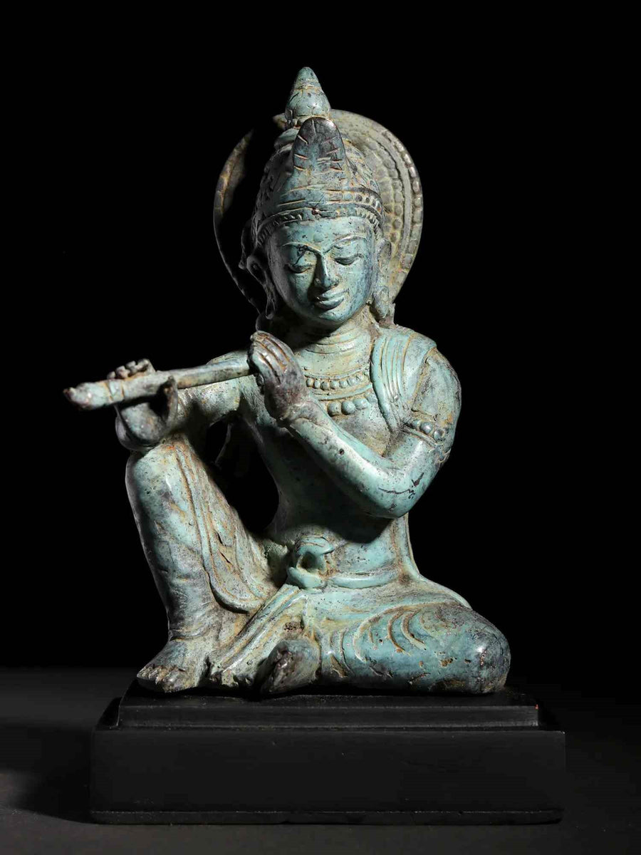 Small Brass Idol of Murli Manohar Krishna Seated on a Wooden Base 6 Inches Craft Detail
