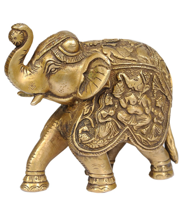 Brass Elephant with Upraised Trunk Carved with ganesh and ridhi sidhi 5 inches Mandir Setting
