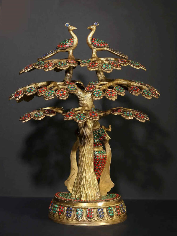 Brass Statue of Shri Krishna Playing Flute Under the Kadamba Tree with Inlay Work 15 Inches Study Setting