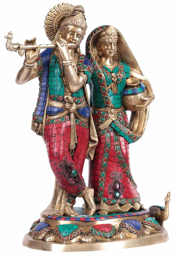 Brass Handmade Radha Krishna Statue 16 Inches Entryway Setting