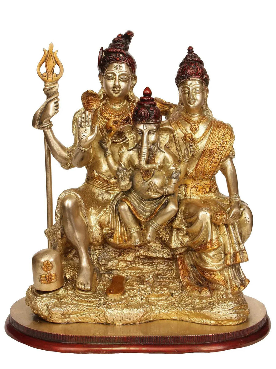 Brass Statue of Shiva and Parvati with Ganesha 13 inches Craft Detail