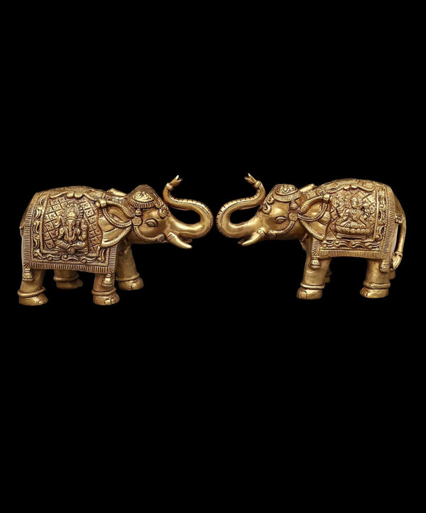 Brass Auspicious Gaja Elephant Pair with Lakshmi and Ganesha Figures 8 inches Mandir Setting