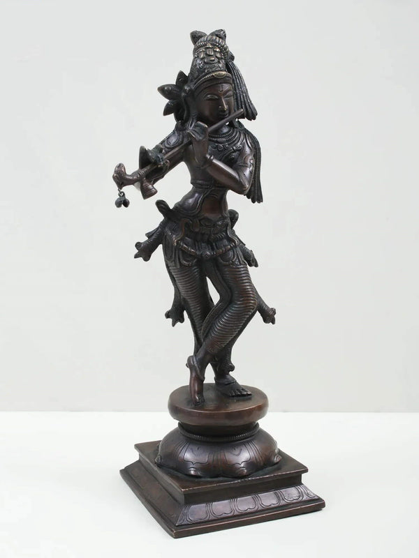 Indian Cocoa Brass Statue of Standing Lord Krishna Playing the Flute 14 inches Entryway Setting