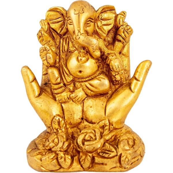 Brass Ganesha Seated In The Fold Of One's Palms 2 inches Mandir Setting