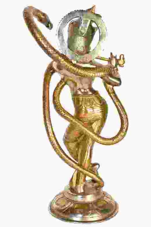 Handcrafted Silver gold Brass Sculpture of Lord Krishna and Kaliya 15 inches