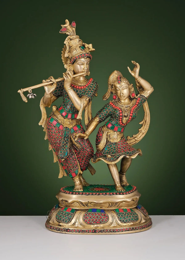 Handmade Brass Sculpture of Dancing Radha Krishna with Inlay Work 16 Inches Entryway Setting