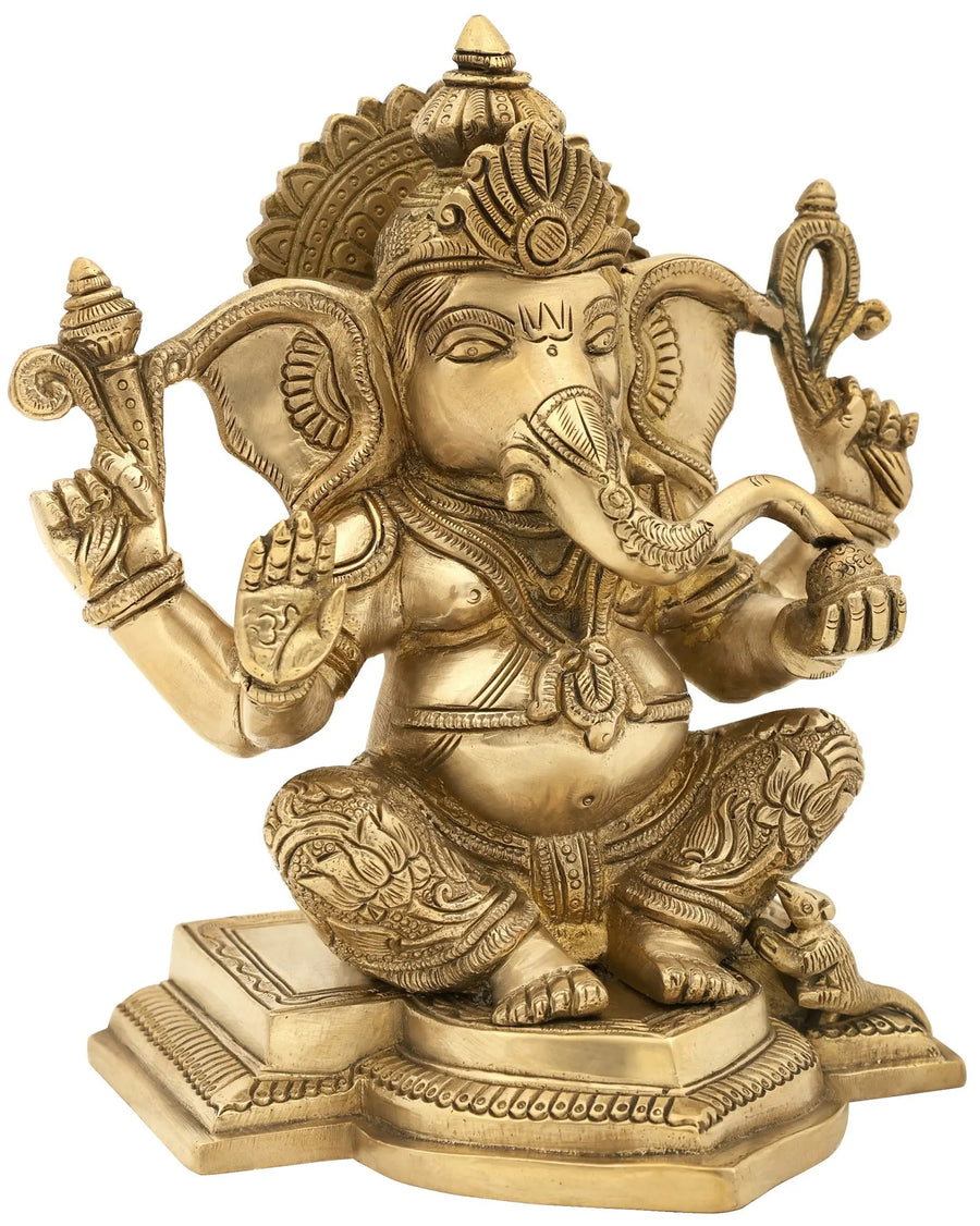 Handmade brass statue of Lord Ganesha in Abhaya Mudra 7 inches Craft Detail