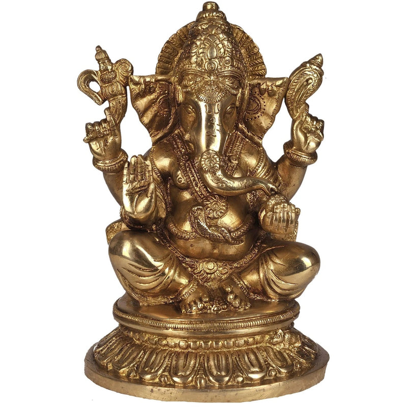 Brass Statue of Lord Ganesha Delighting in Modak 8 inches