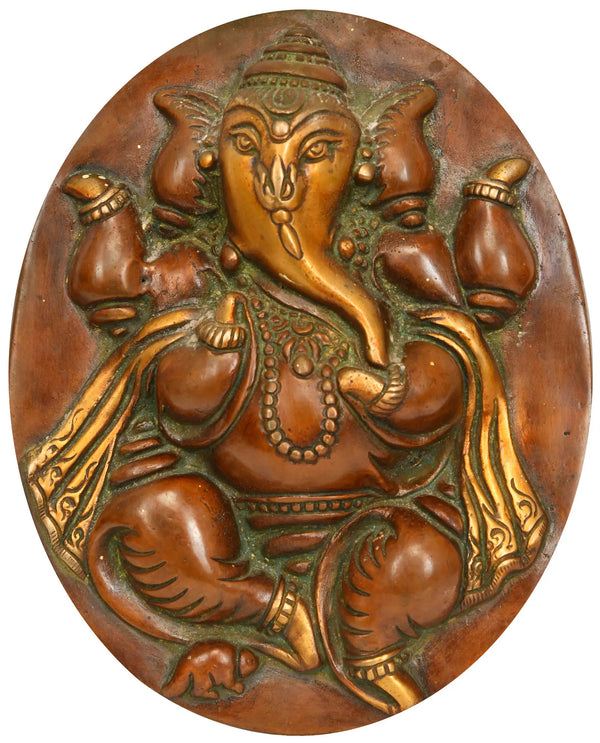 Brass Wall Hanging Plate of Lord Ganesha 8 inches Mandir Setting