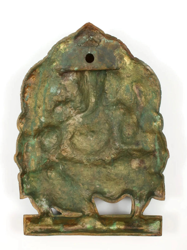 Brass Green gold Idol of Lord Ganesha Seated on a Throne, Bestowing Blessings 11 inches Entryway Setting