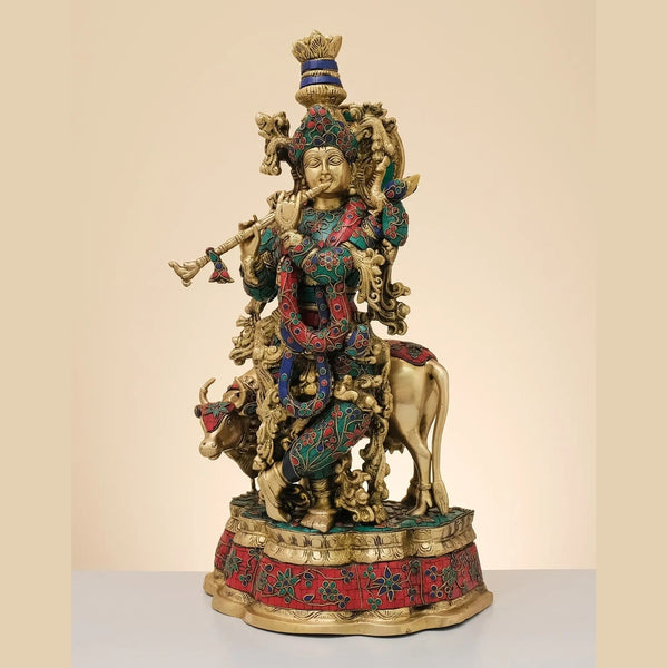 Handmade Brass Sculpture of Krishna Playing the Flute with His Cow 23 inches Mandir Setting