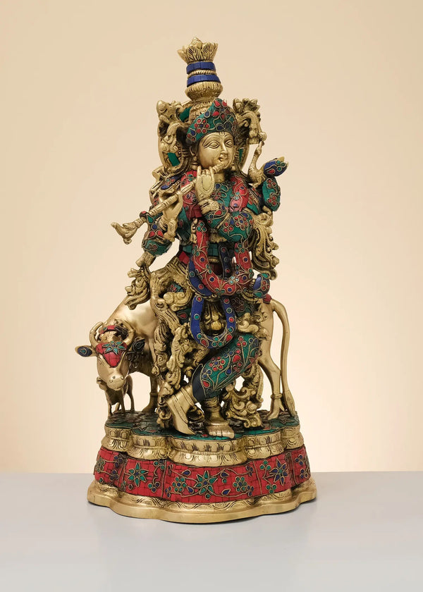 Handmade Brass Sculpture of Krishna Playing the Flute with His Cow 23 inches Entryway Setting